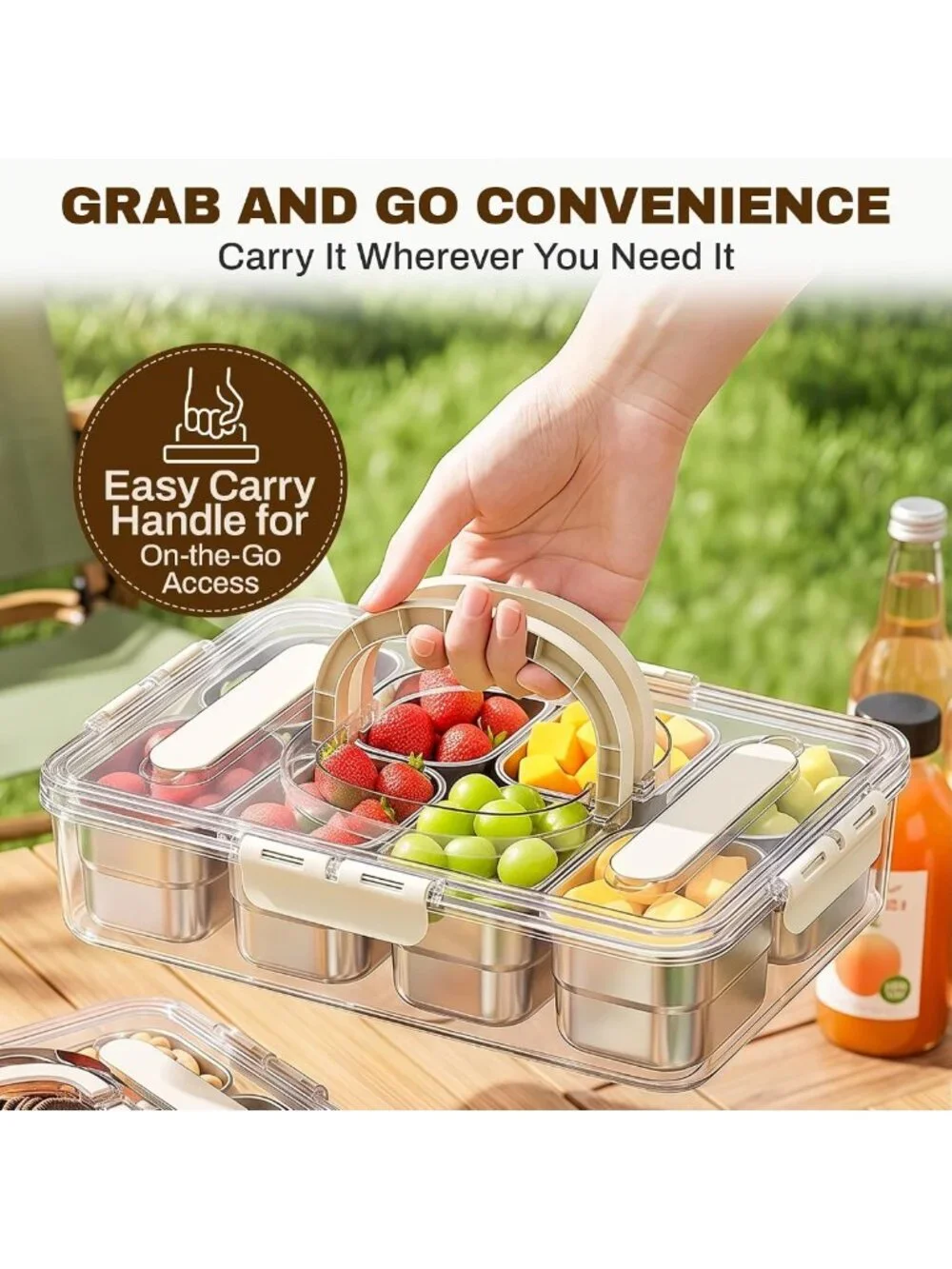 Stainless Steel Snack Organizer Box with Lid & Handle - 8 Compartment Tray for